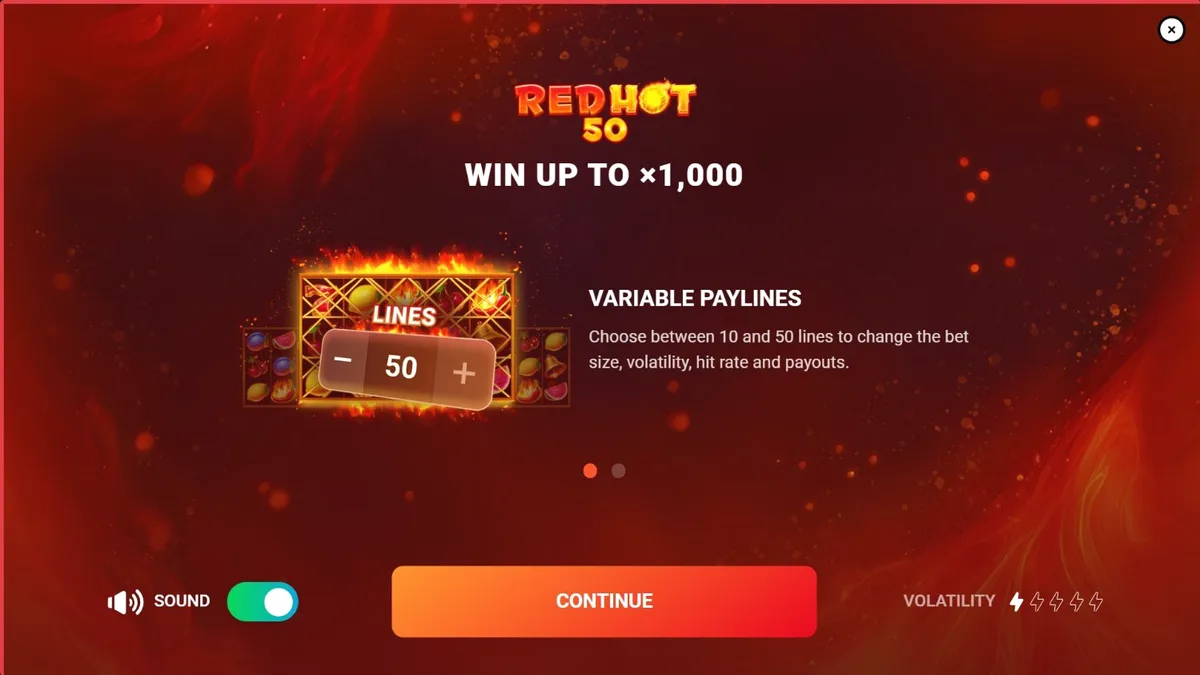 Interface do jogo de caça-níqueis Red Hot 50 com tema de fogo e frutas