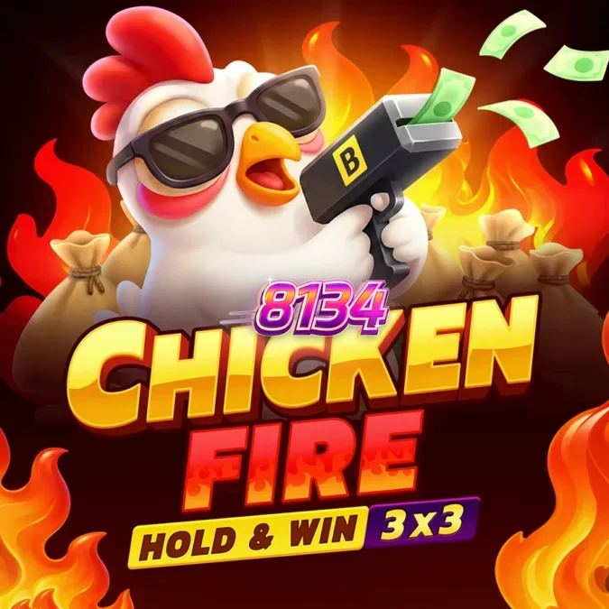 Interface do jogo de slot Chicken Fire com grade 3x3 e símbolos de moedas.